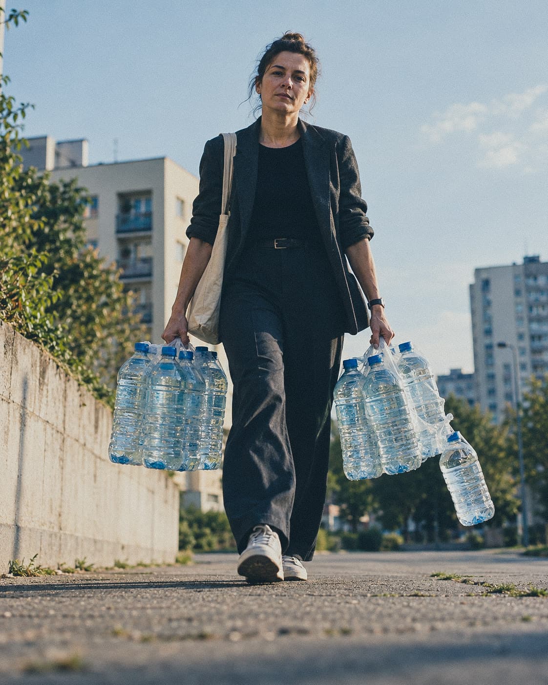 Kobieta w ciemnej marynarce idzie chodnikiem między blokami i niesie w obu rękach zgrzewki wody butelkowanej.
